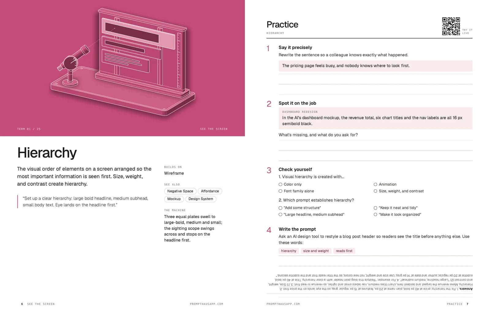 Designing with AI: a term page beside its practice page.