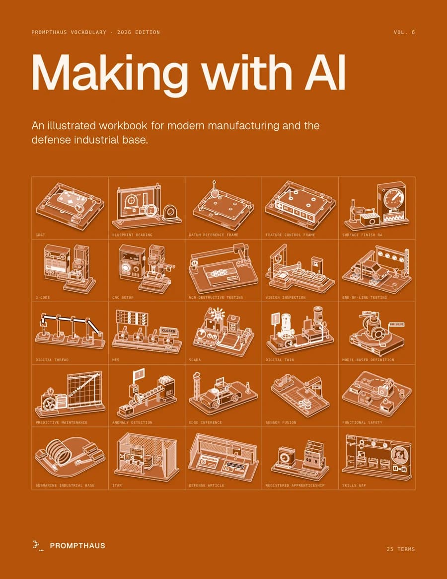 Cover of Making with AI, PromptHaus Vocabulary Volume 6: a grid of 25 illustrated machines.