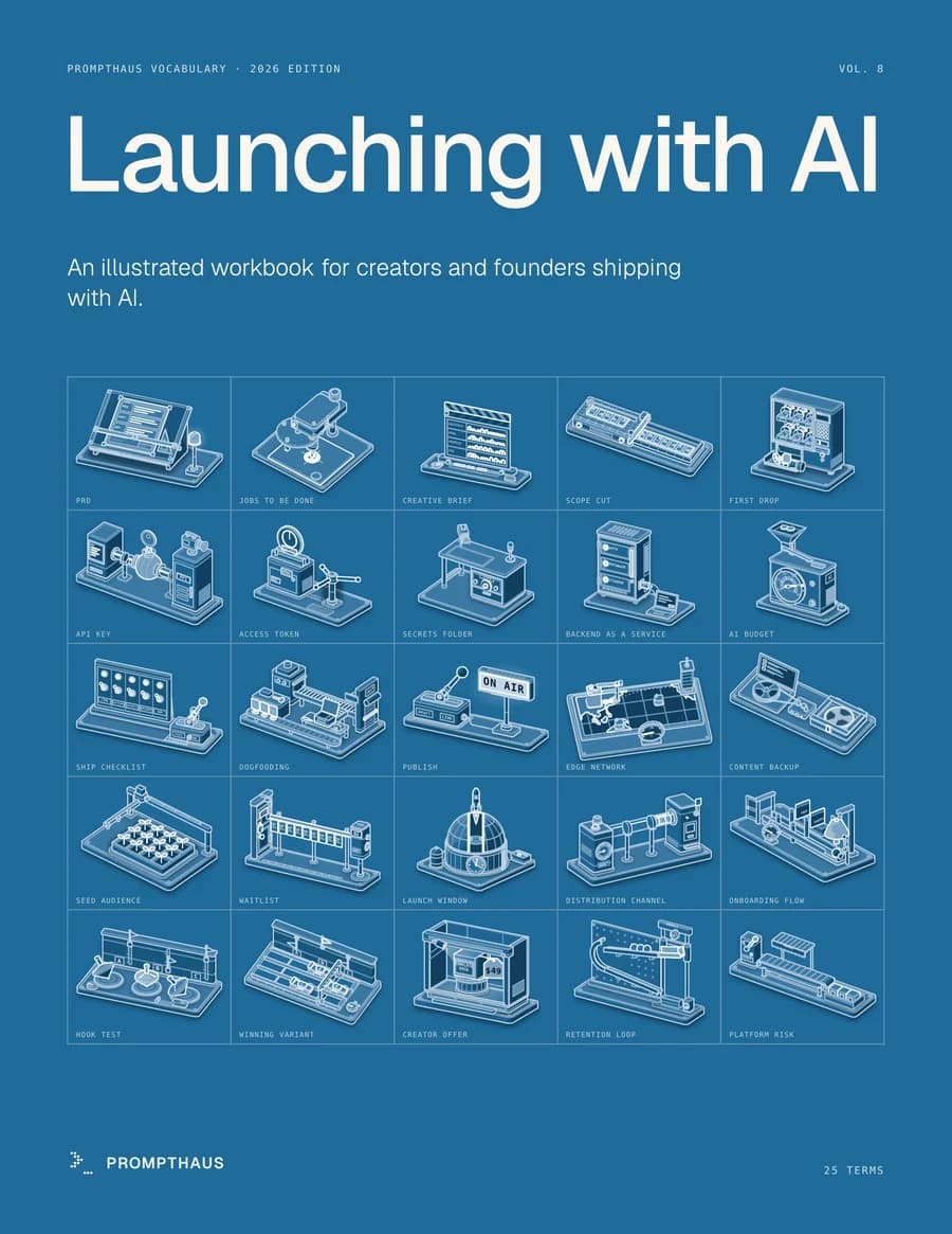 Cover of Launching with AI, PromptHaus Vocabulary Volume 8: a grid of 25 illustrated machines.
