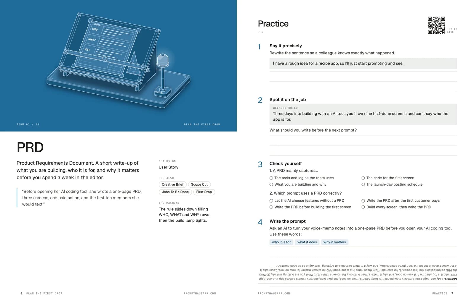 Launching with AI: a term page beside its practice page.