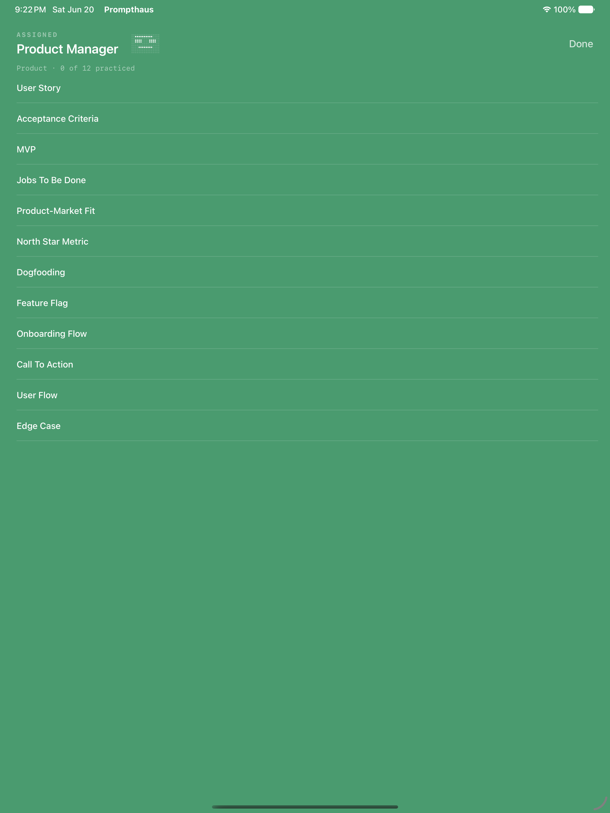 Prompthaus assigned Product Manager vocabulary list on iPad