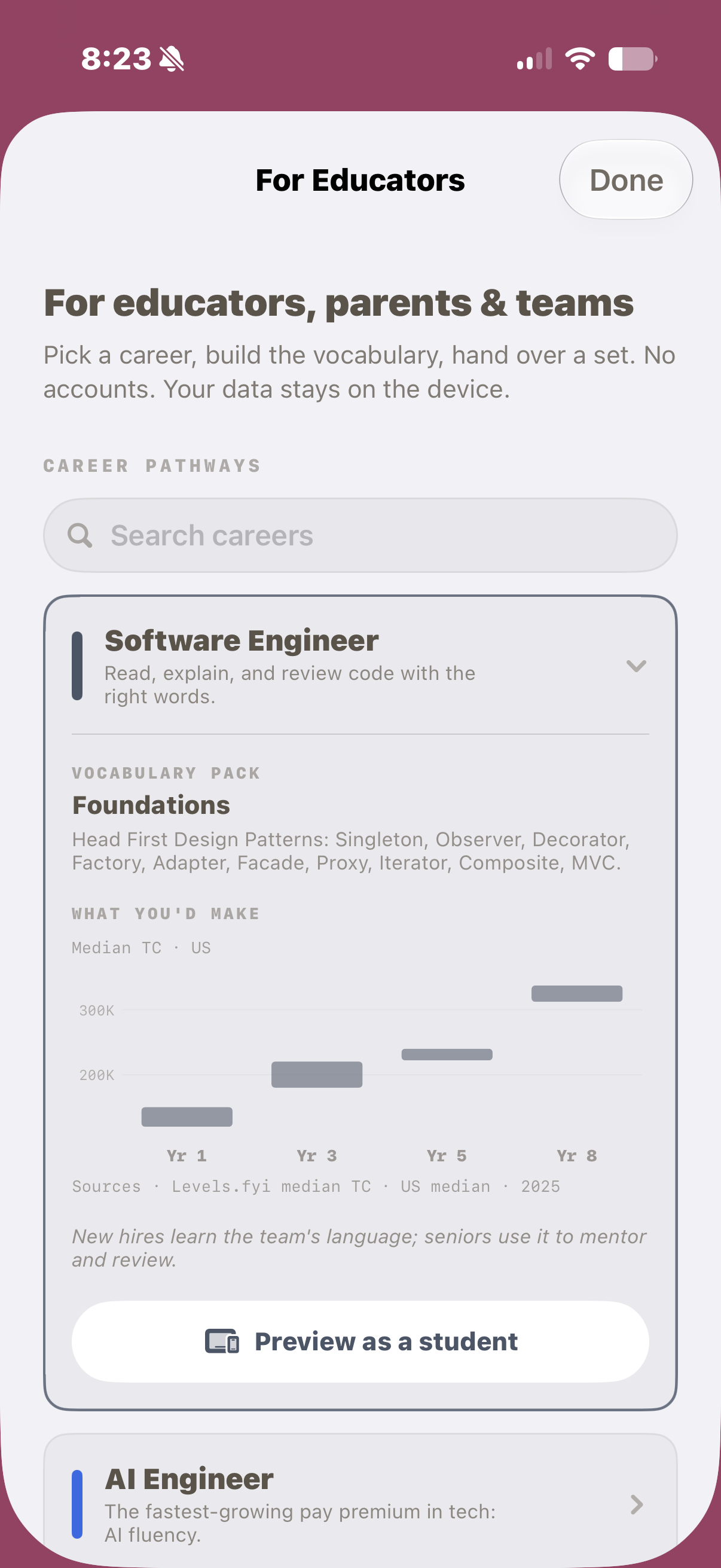 Prompthaus Educator Hub career pathways on iPhone