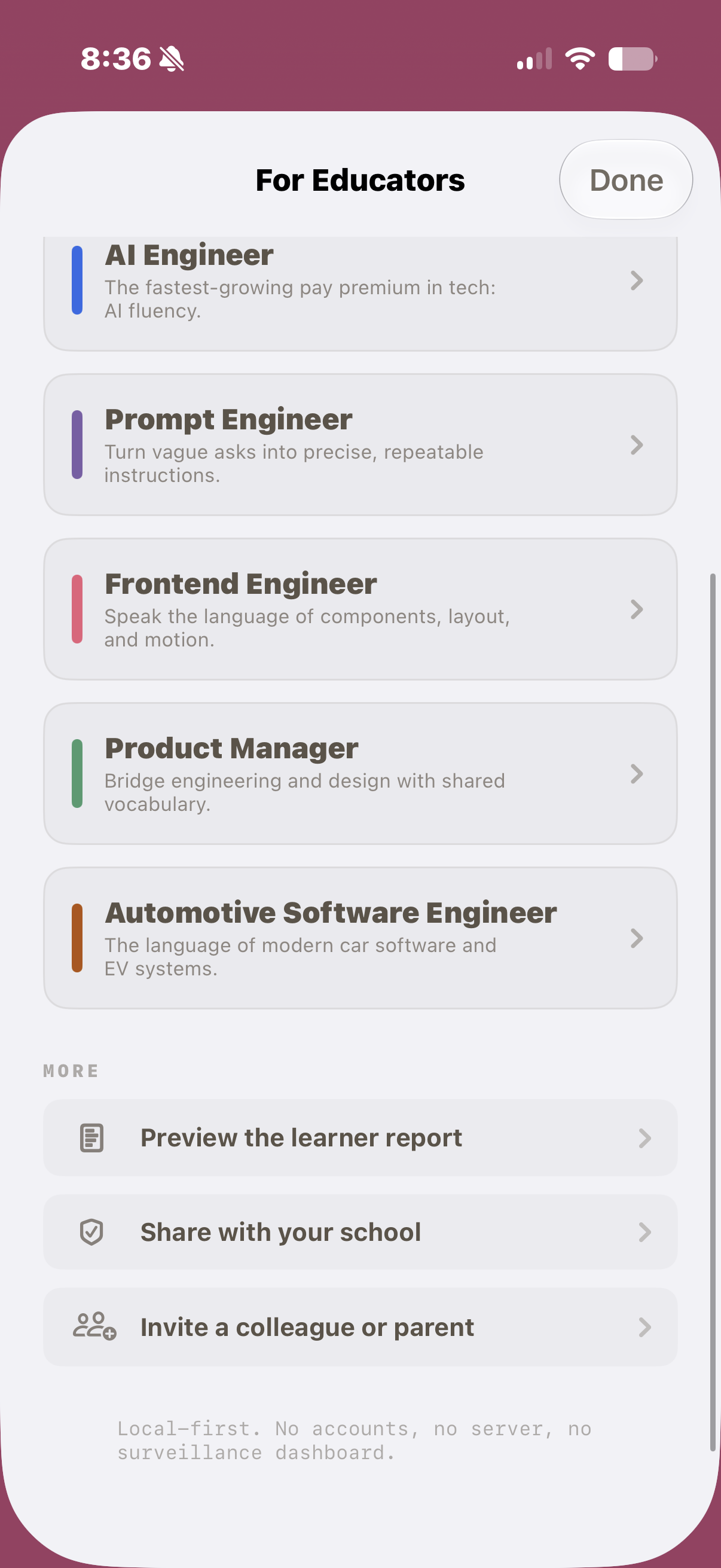 Prompthaus educator hub and Schoolwork assign options on iPhone